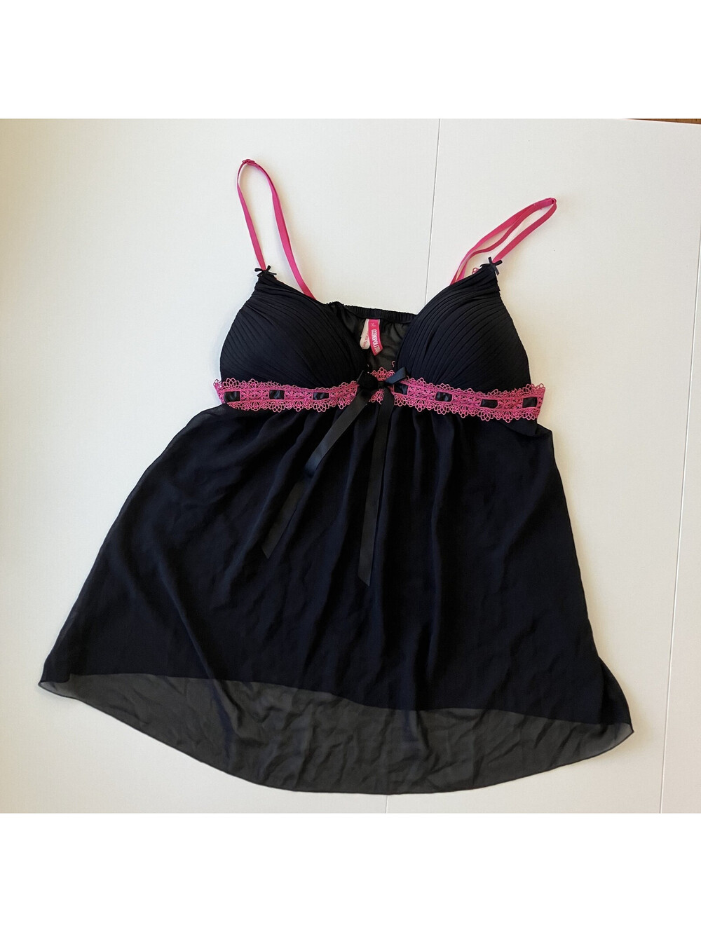 Y2K Cosmopolitan Sheer Mesh Babydoll Chemise Sz XL Pink Lace Ribbon Bow Dollcore